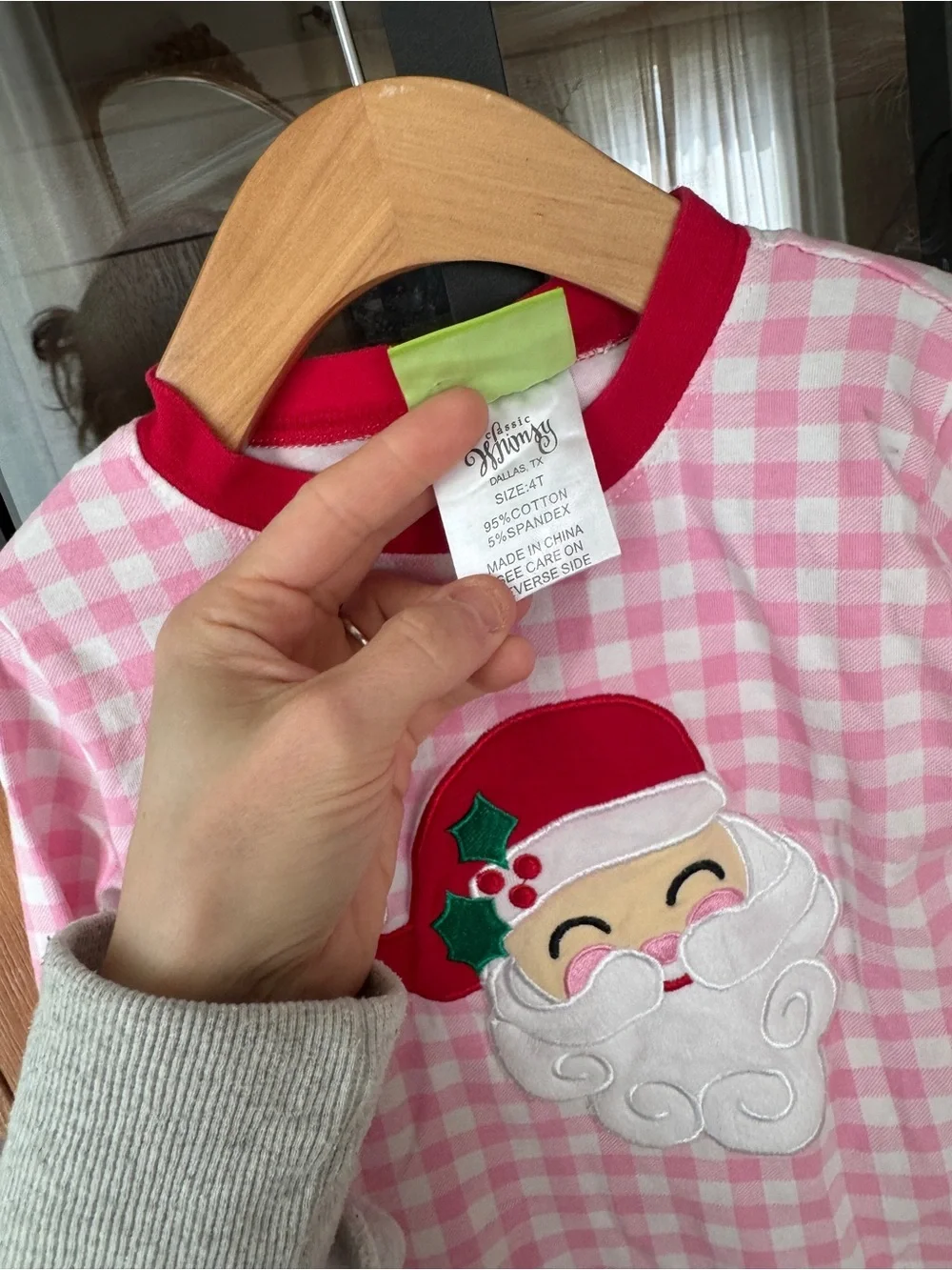 Classic Whimsy santa applique gingham pajamas set longsleeve tee pants christmas